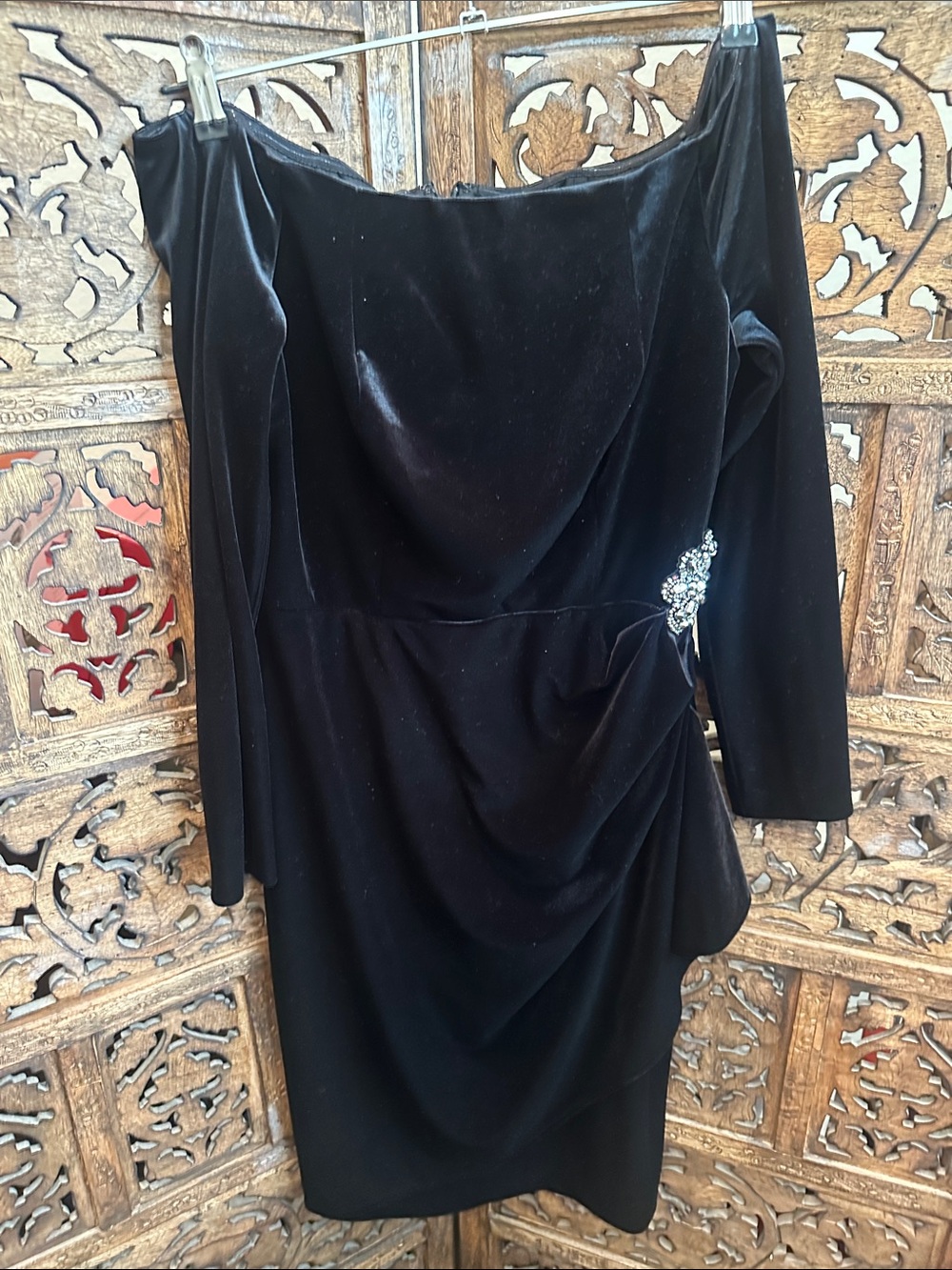 Black Velvet Off the Shoulder Cocktail Dress with Embellishment size 8